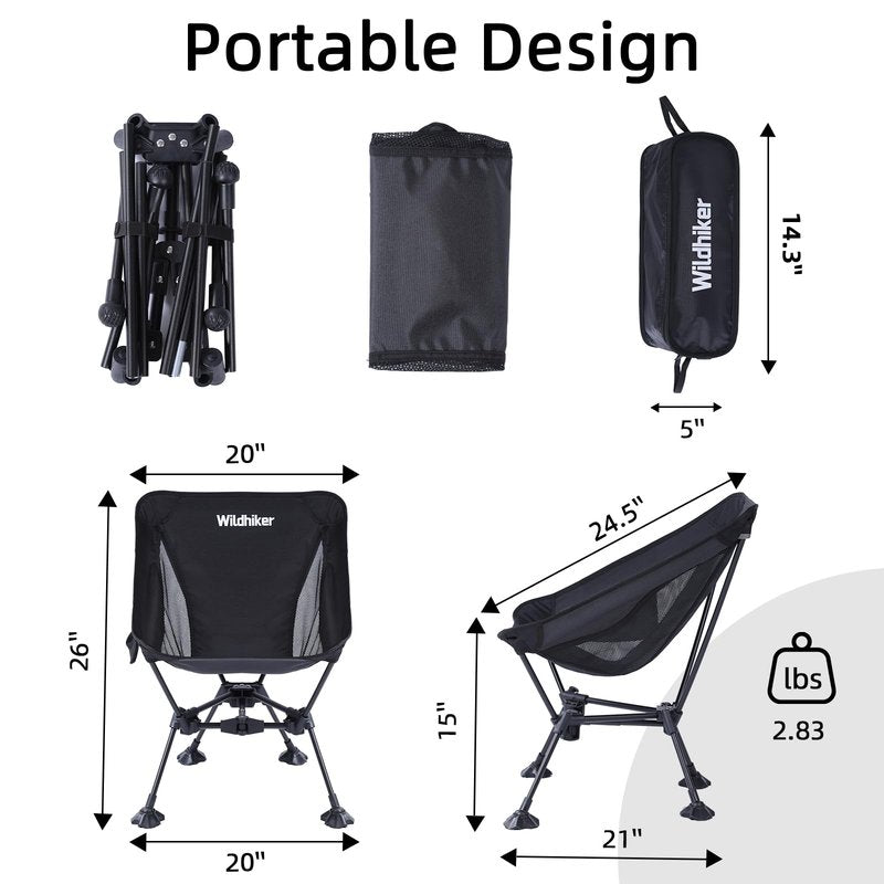 Wildhiker Ultralight Backpacking Chair – Compact Camping Chairs for Adults with Pouch, Weighs 2.8 lbs with Anti-Sinking Large Feet for Beach, Hiking, Motorcycle, Travel, Festival – Black