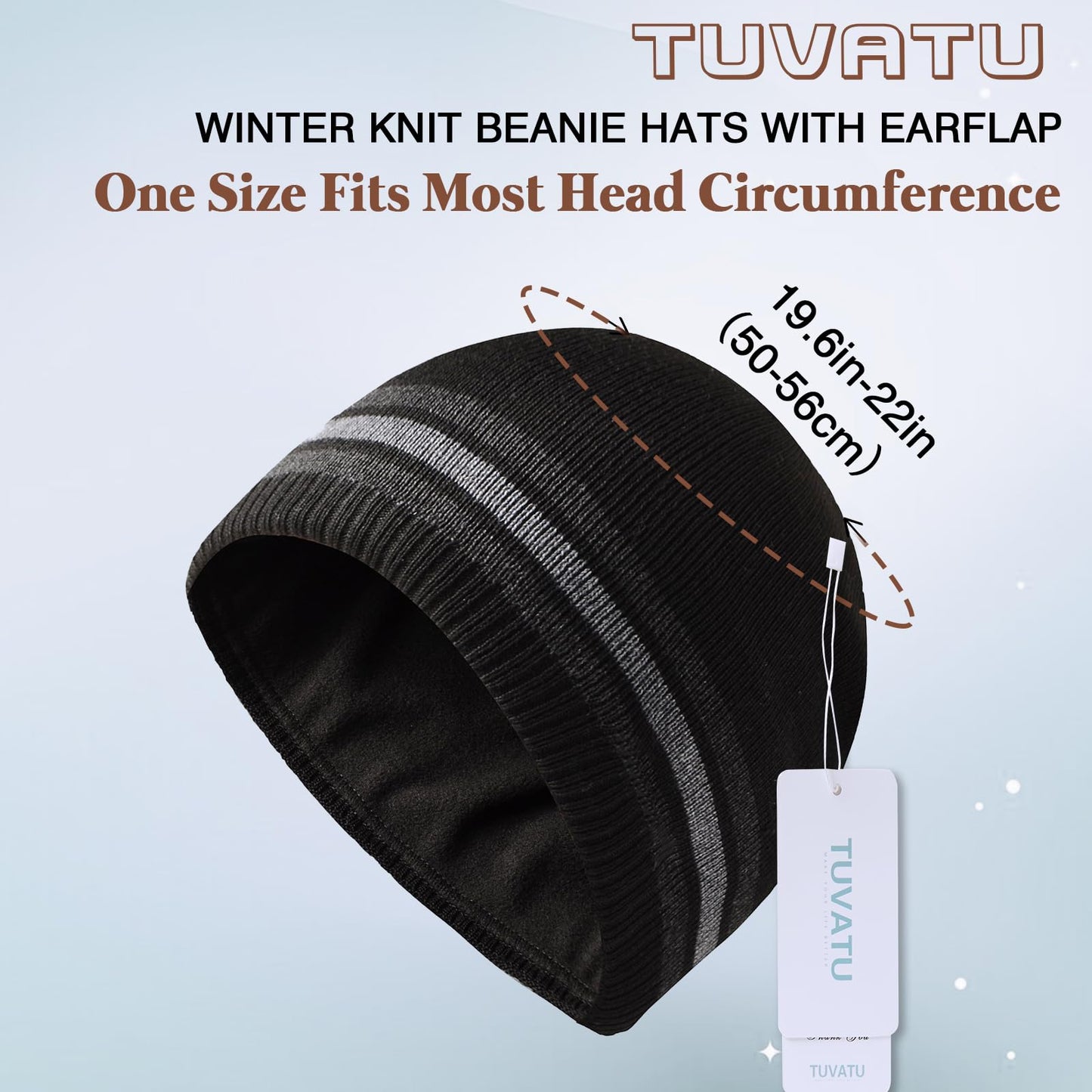 TUVATU Knitted Striped Beanie for Men Women, Fleece Lined Winter Hat, Warm Windproof Unisex Soft Ski Beanie Cap for Autumn Winter, Black