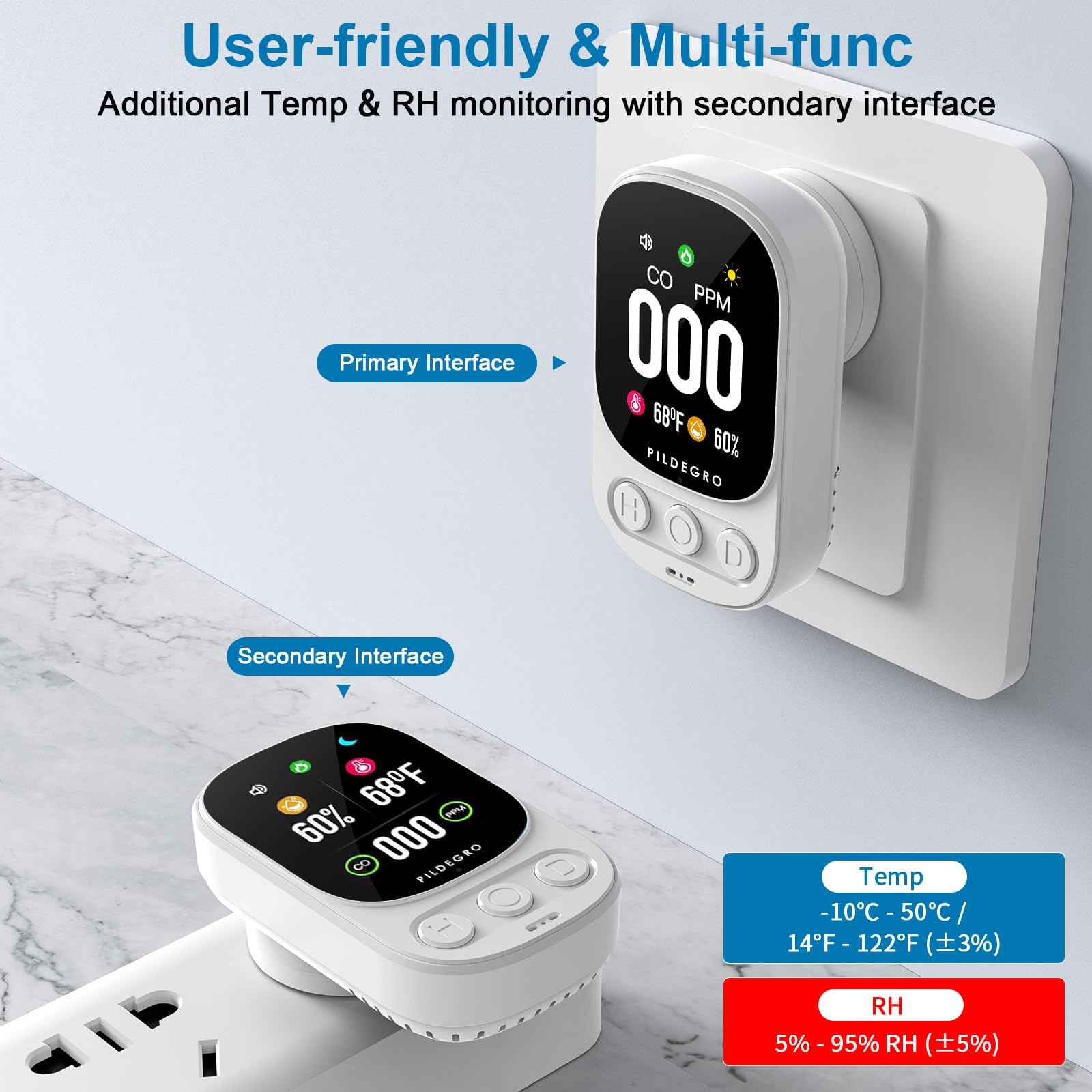 Pildegro 3-in-1 Carbon Monoxide Detector Plug in, Professional 2.1" LED Plug-and-Play Real-Time CO Monitor with Temp & RH, Premium Portable Travel CO Alarm with 85dB Loud Alarm (White/Classic)