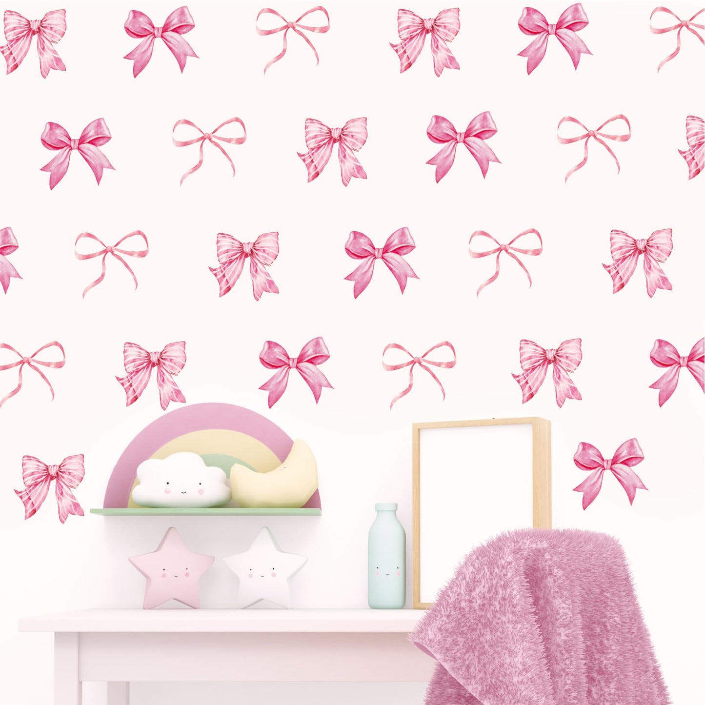 Whaline 12 Sheets Trendy Pink Bow Wall Stickers Light Pink Bow Knot Wall Decals Watercolor Room Mural Stickers for Valentine's Day Girls Party Home Bedroom Nursery, 7.9 x 11.8 Inch