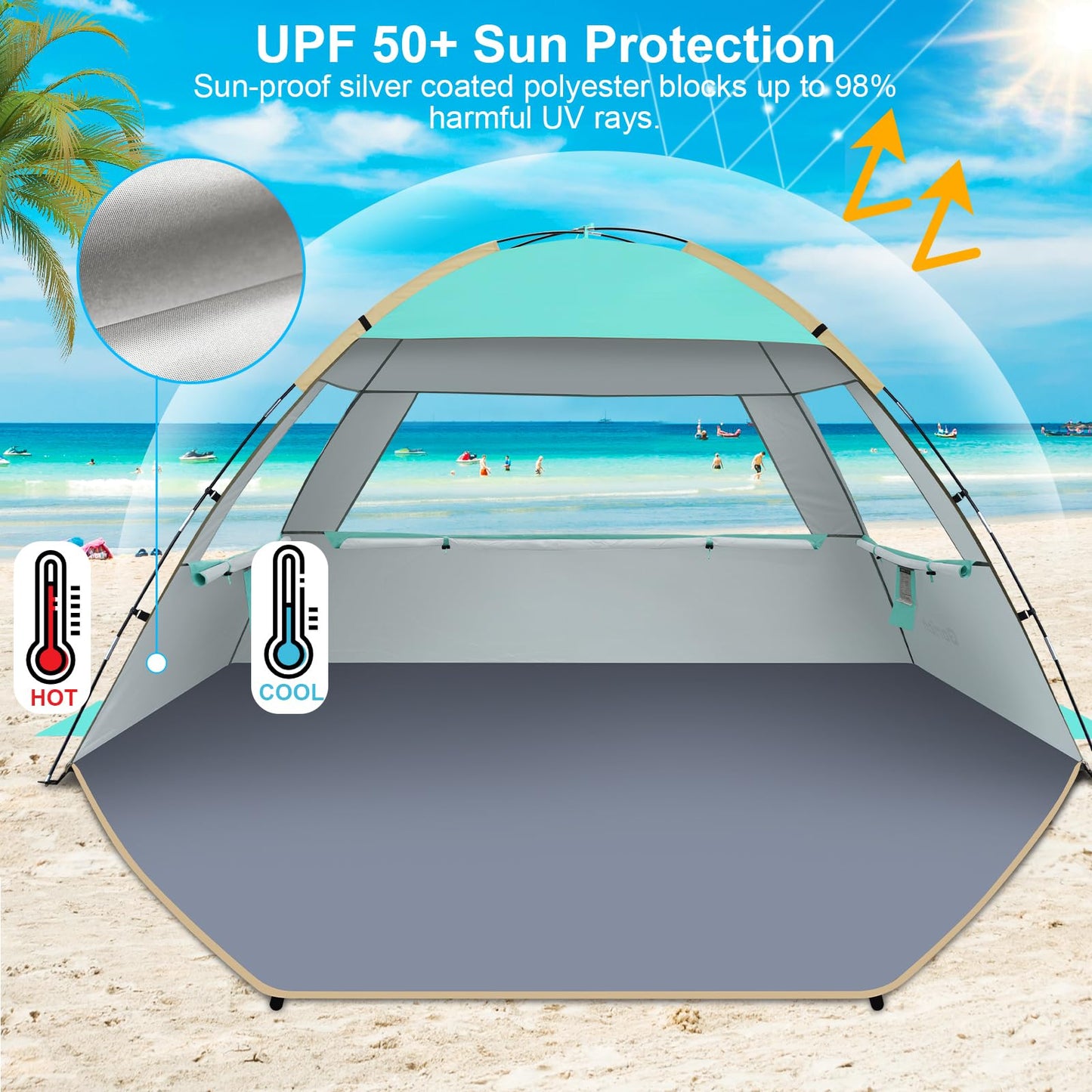 Gorich Beach Tent Sun Shelter for 3/4/6/8/10 Person with UPF 50＋ UV Protection, Lightweight & Easy Setup Beach Shade Canopy, Portable Beach Shade Tent Beach Cabana