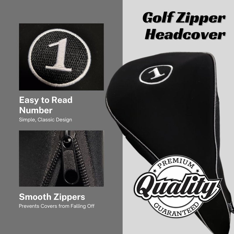 Black Golf Zipper Head Cover Driver 1 Headcover Neoprene Traditional Plain Protective Cover Fits Drivers up to 460cc for Golfing Buddies