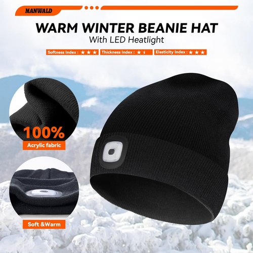 MANWALD LED Beanie Hat with Light, USB Rechargeable LED Headlamp, Gifts for Men, Mens Gifts, Birthday Gifts for Him Dad Husband, Boyfriends, Black