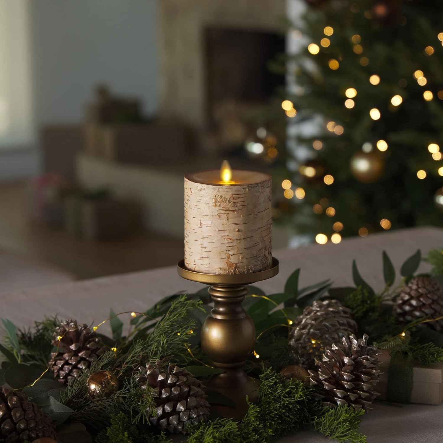 Realistic Moving Flame LED Pillar Candle with Birch Bark - Battery Operated, Remote Ready, 4x7