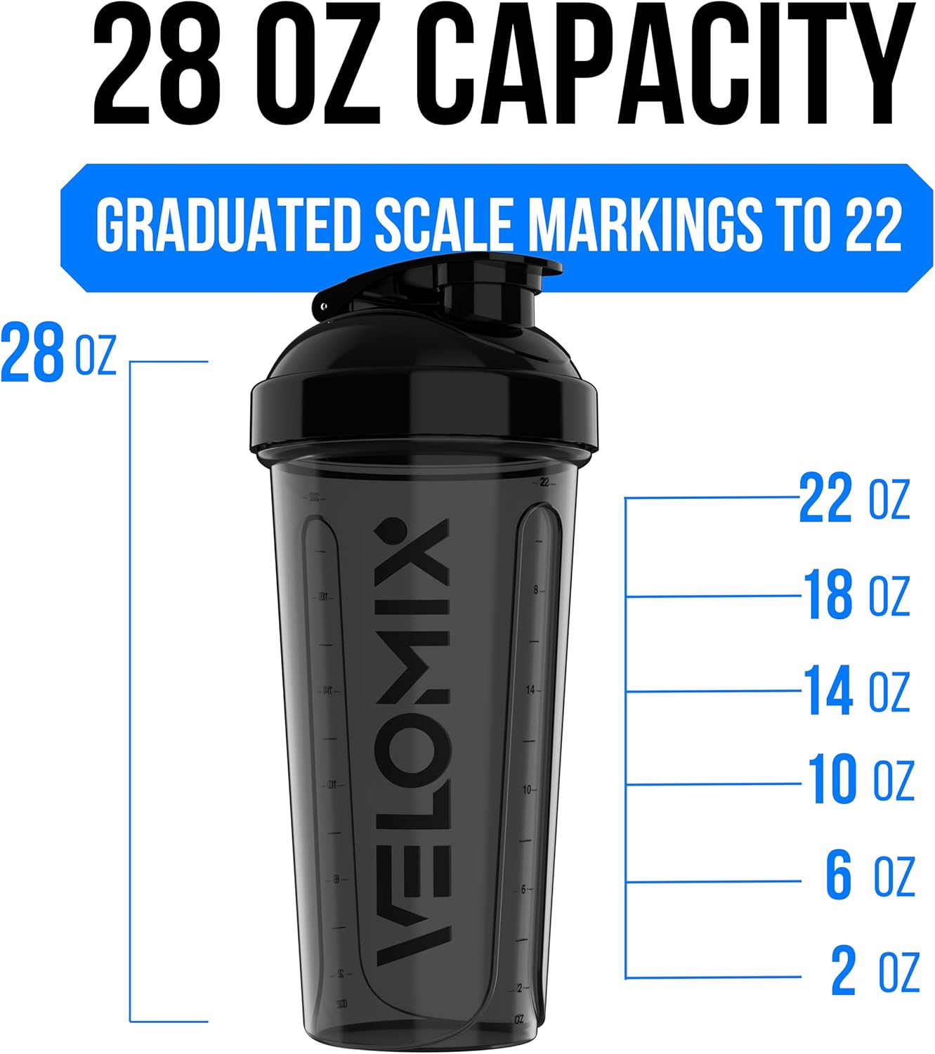 Velomix Protein Shaker Bottles - 28 oz Leak Proof Cups with 2x Wire Whisk | 2 Pack (Black/Transparent)