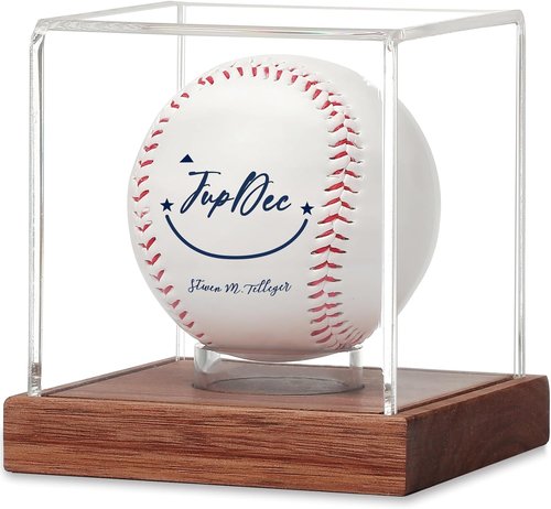 JupDec Baseball Display Case - Clear Cube Holder with Wooden Base for Autographed Balls | Brown Acacia Wood