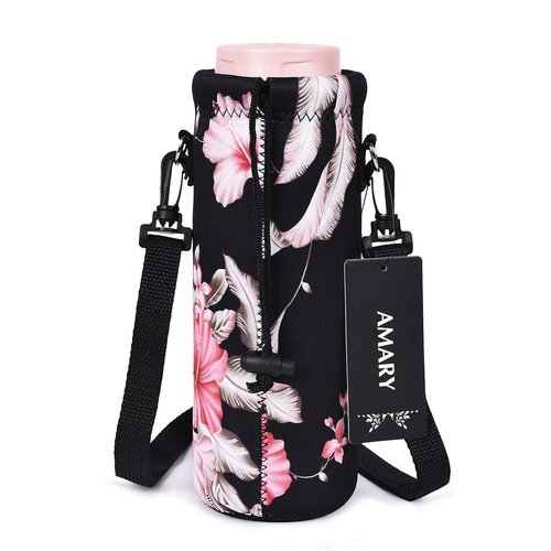 AMARY 500ML Neoprene Water Bottle Carrier Bag with Adjustable Shoulder Strap,Insulated Water Bottle Cover for Stainless Steel/Glass/Plastic Bottles 16.9OZ (Flowers-3)