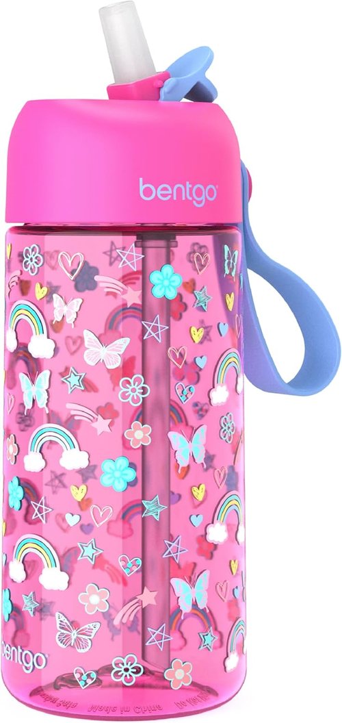 Bentgo Kids Water Bottle - Leak-Proof 15 oz Tritan BPA-Free Cup | Durable & Dishwasher Safe for Ages 3+ (Rainbows & Butterflies)