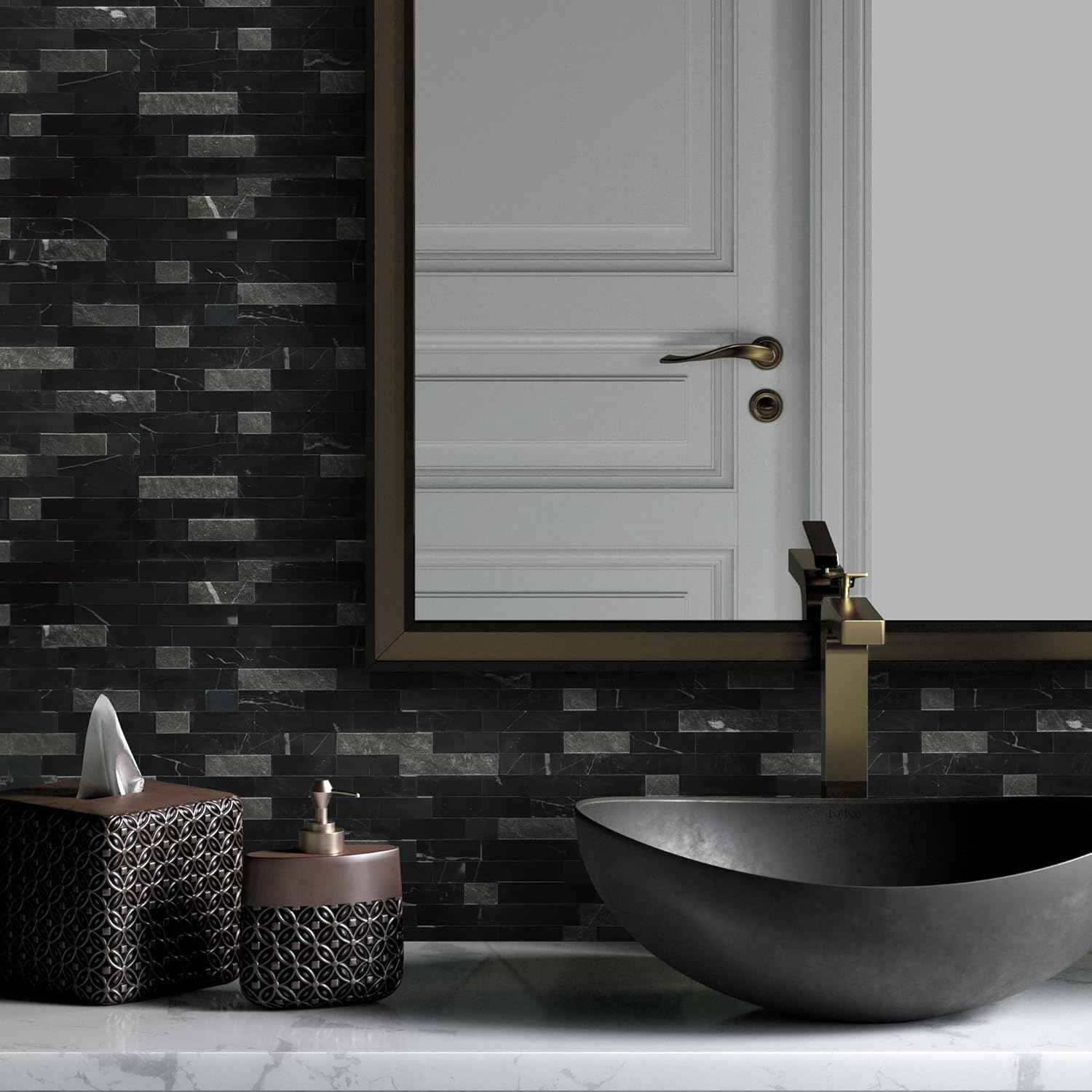 Peel and Stick 3D Stone Mosaic Tiles - 12x11" Self-Adhesive Backsplash for Kitchen & Bathroom - 5 Sheets, Mixed Tan