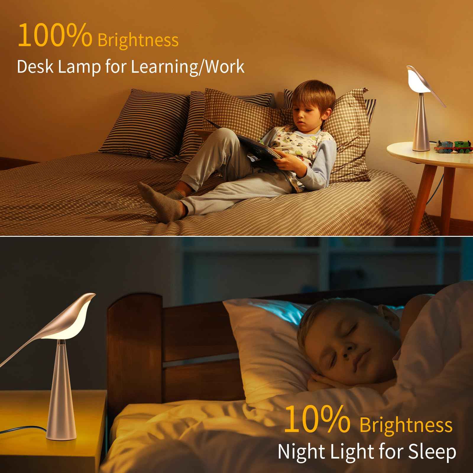 Xhope4u Small Desk Lamp, Bird Lamp, 10 Level Dimmable Brightness Bedside Night Light, Bedroom Table Lamp for Dorm, Office, Gifts, Reading, 3 Colors, Metal Finish, Gold, 360° Rotation