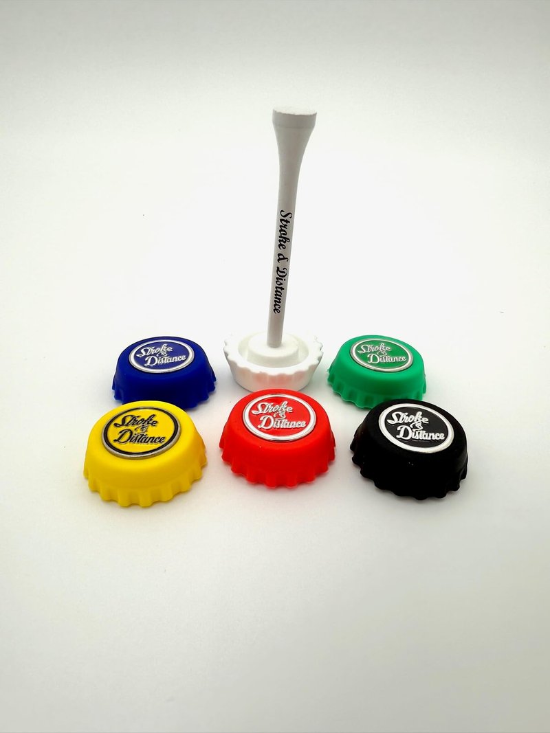 Stroke & Distance Golfers' Spill-Proof Bottle Cap Tee and Magnetic Ball Marker Variety Pack, 6-Pack, Multi-Color