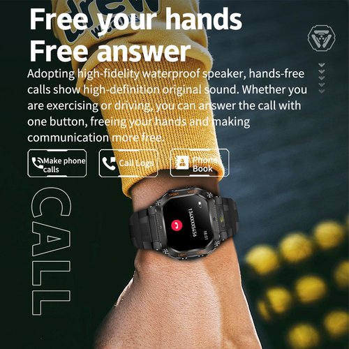 Yihou Military Smart Watches for Men Fitness Watch Fitness Tracker with Heart Rate Monitor Sleep Monitor Pedometer 480mah Large Battery Waterproof Bluetooth Call for Android iOS Black