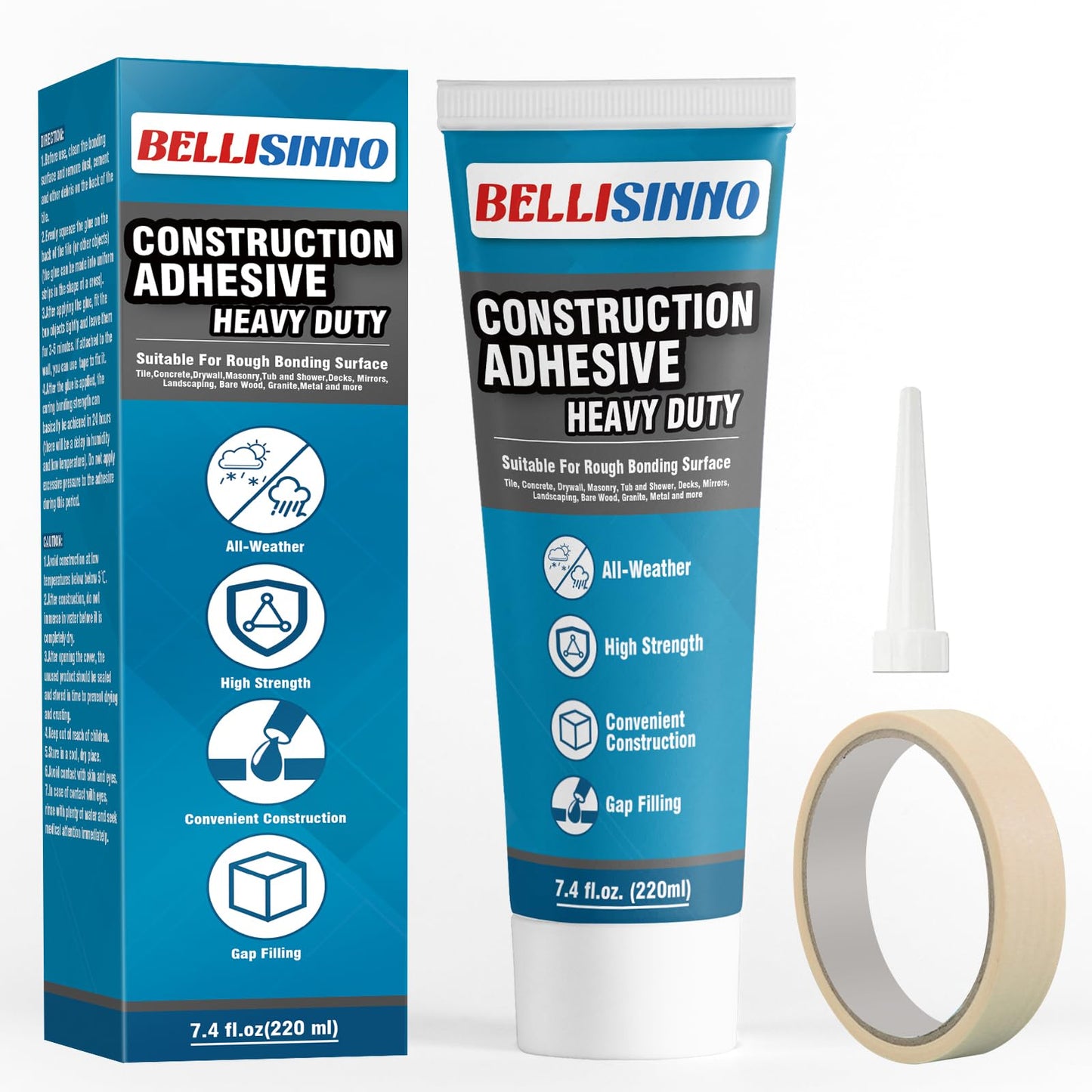 Construction Adhesive Heavy Duty, Cement Glue for Concrete, Floor, Wall, Stone, Wood and More, 7.4 Ounce Tile Squeeze Tube, Suitable for Rough Bonding Surface (220ml*1)