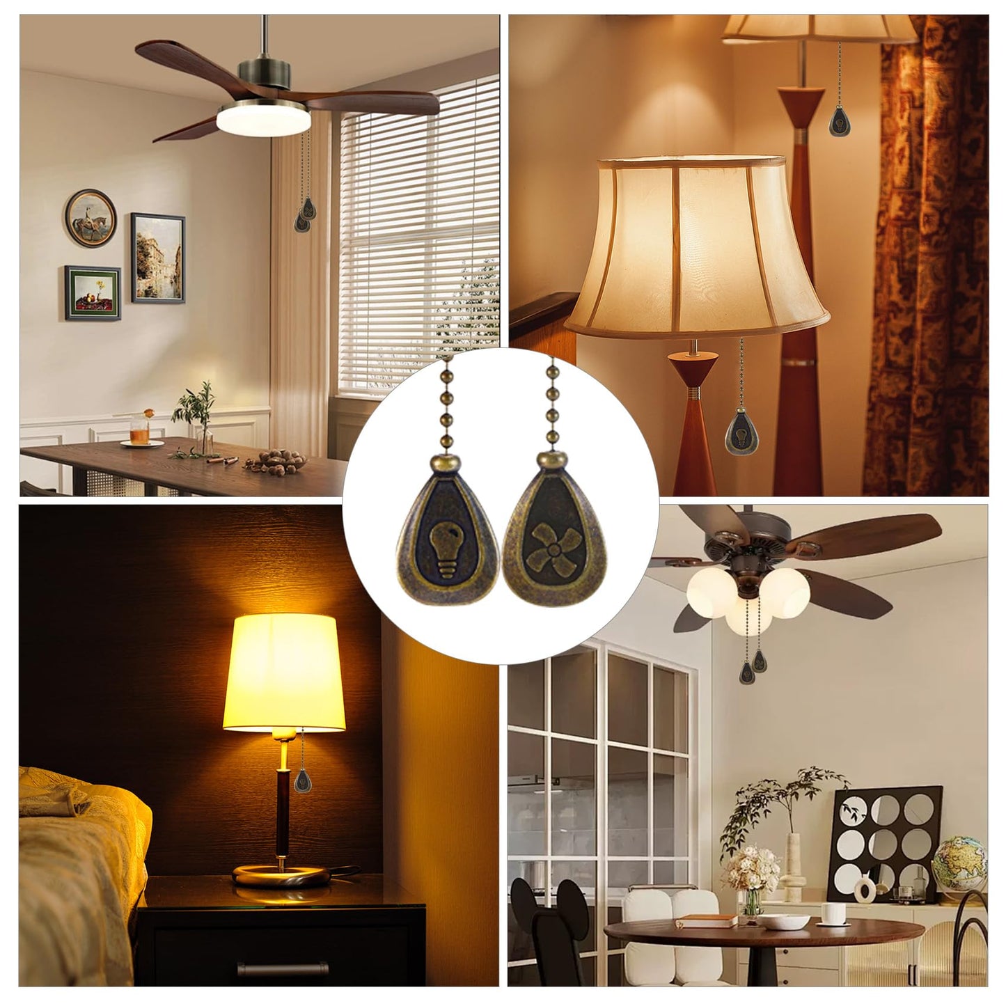 BoAn 6 Pack Bronzed Ceiling Fan Pull Chain Extension,12 Inches Decorative Fan Pull Chain Pendant Extension， with Ball Fan Chain Connector for Ceiling Fans and Lights（3 Light and 3 Fan）
