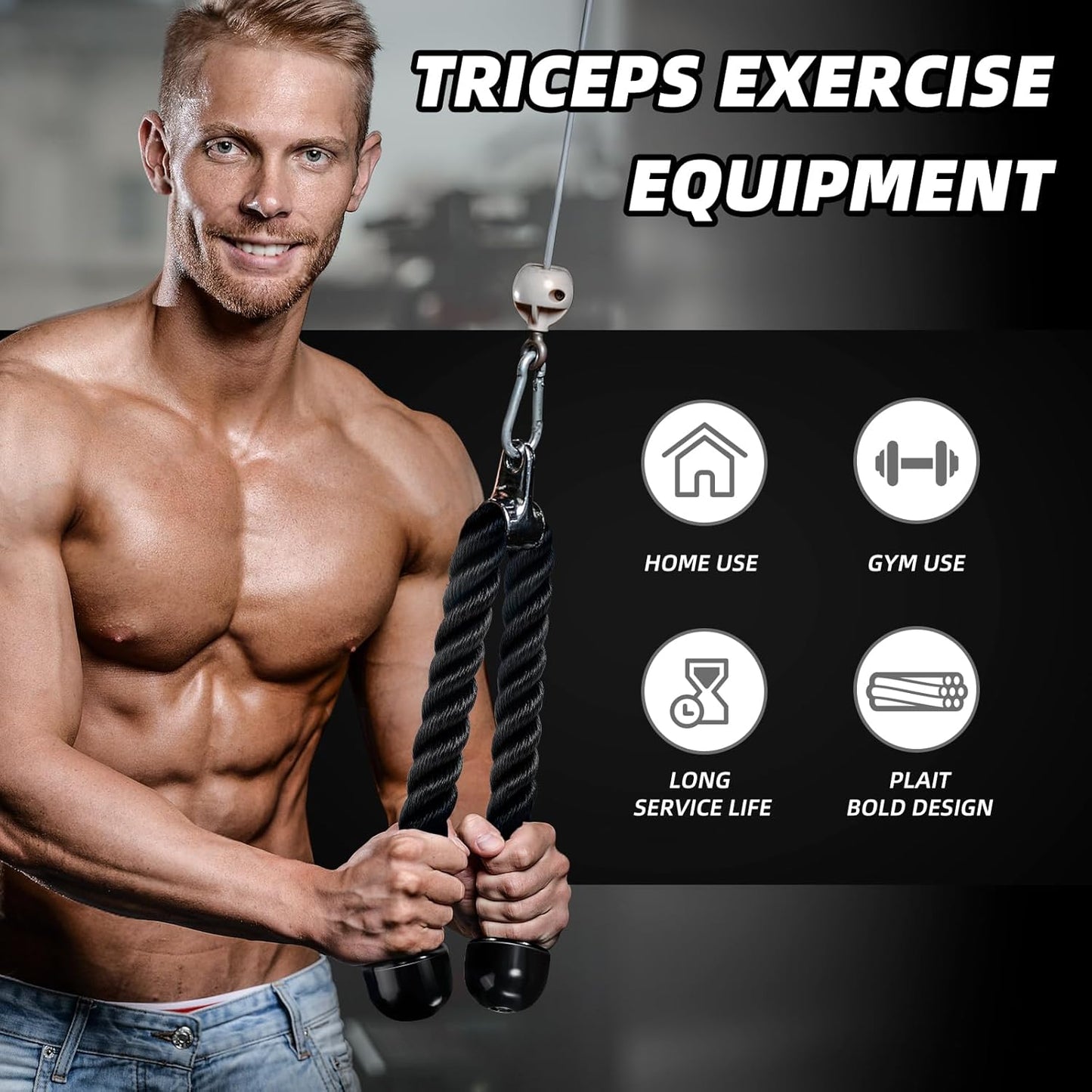 Tchrules Universal Tricep Rope - 27 Inch Heavy Duty Non-Slip Grip for Cable Machines | Ideal for Gyms