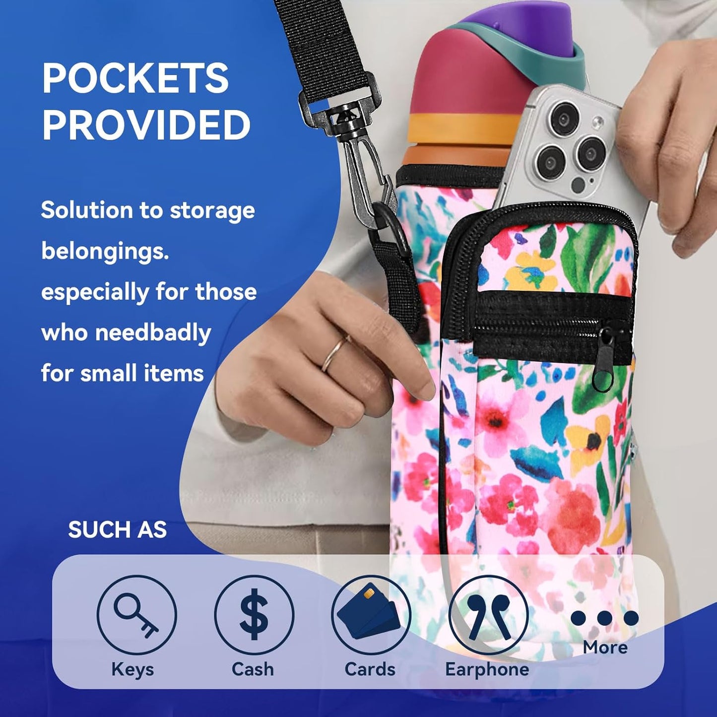 Owala | Neoprene Water Bottle Holder Bag - Adjustable Shoulder Strap & Cell Phone Pocket for 24 oz Bottles