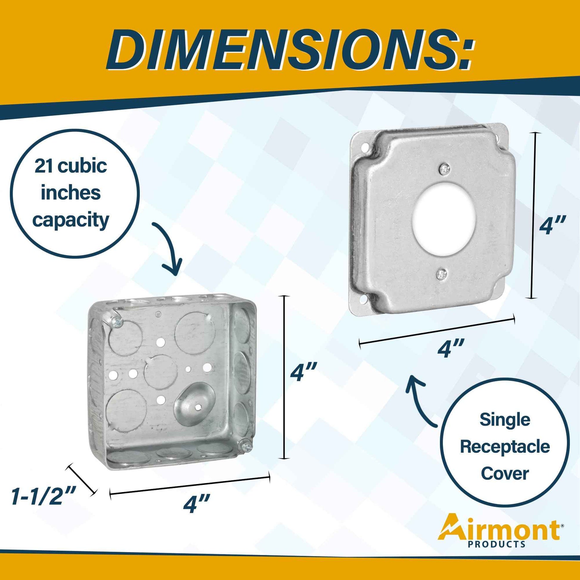 Outlet Box Kit, Includes 4x4'' Drawn Metal Electrical Box, 2 Tamper Resistant 20 Amp Duplex Receptacle Outlets, Duplex Receptacle 4x4'' Cover, Sixteen Knockouts (Single Receptacle Kit)