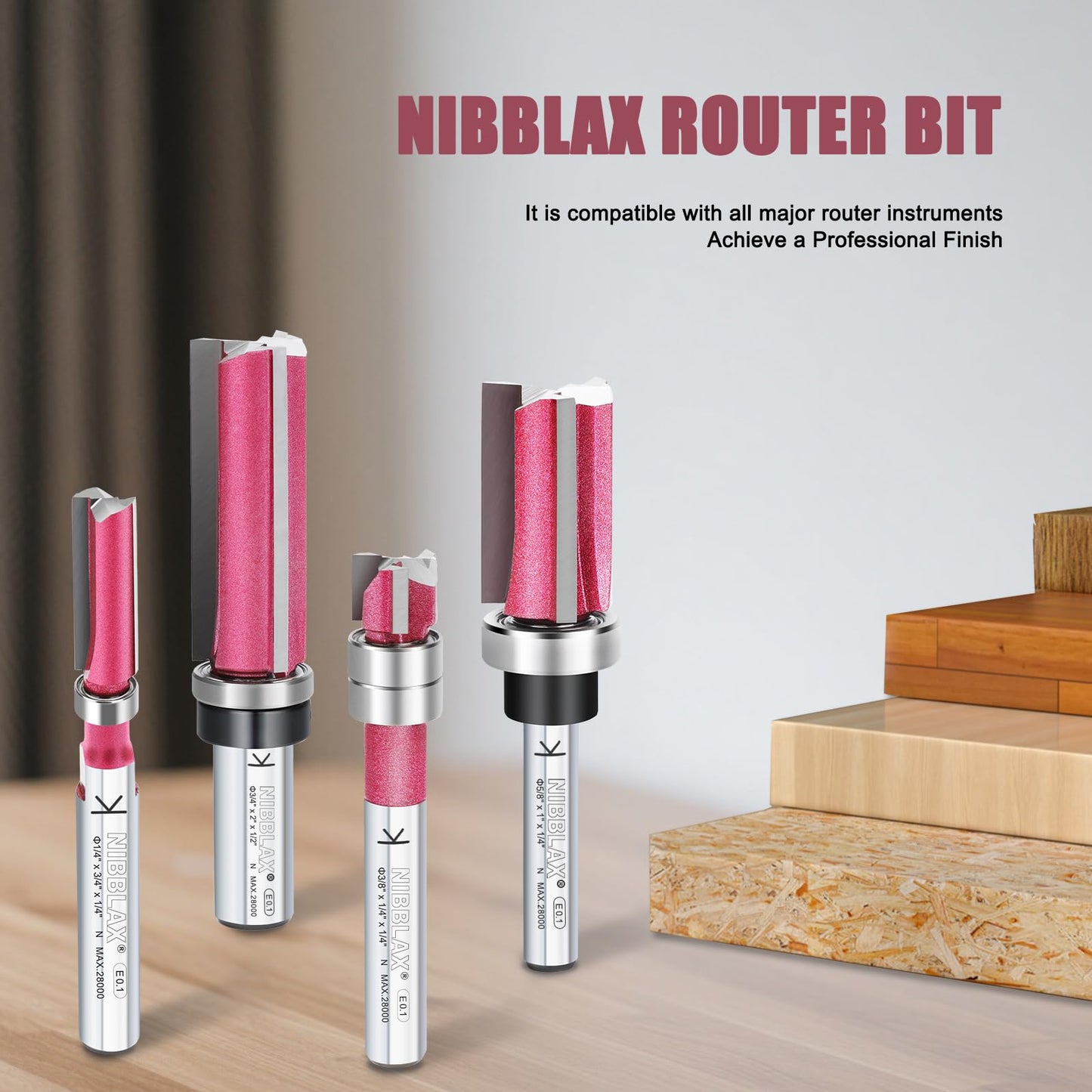 NIBBLAX Top Bearing Flush Trim Bit - 2-Flute Router Cutter 1/4 Inch Shank, 3/16" Cut Diameter & 1/4" Cut Length, Flush Trim Cut Router Bit for Woodworking