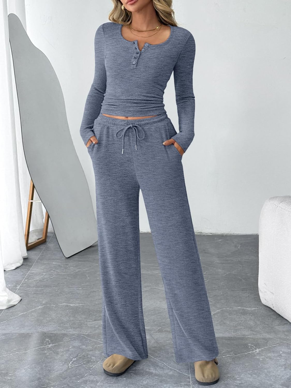 Trendy Queen 2-Piece Women's Lounge Set - Cozy Henley Neck Sweater & Wide Leg Pants