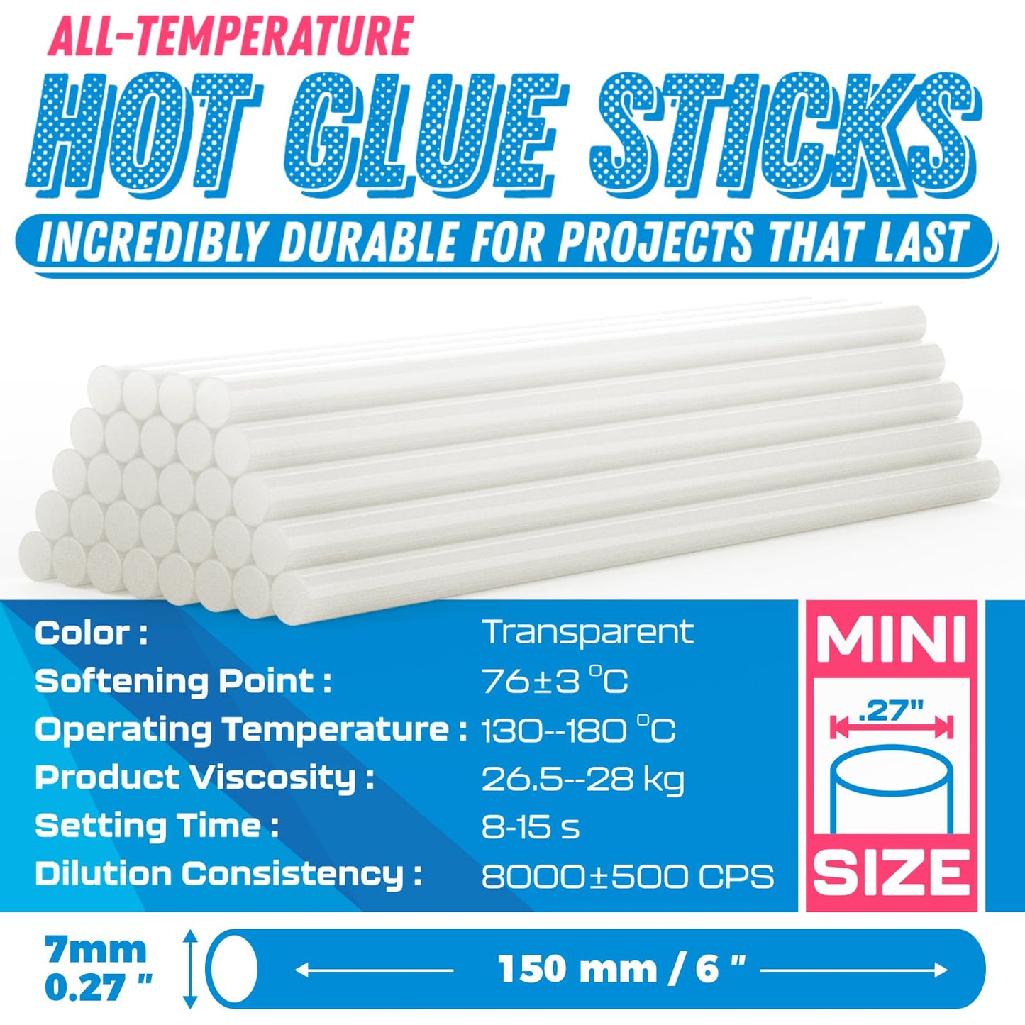 CYSINA Hot Glue Sticks Mini Size, 0.27” Dia x 6” Long Clear Glue Gun Sticks 100 pcs, High Temp Glue Sticks with High Adhesive Force, Bulk Glue Sticks for Various Applications