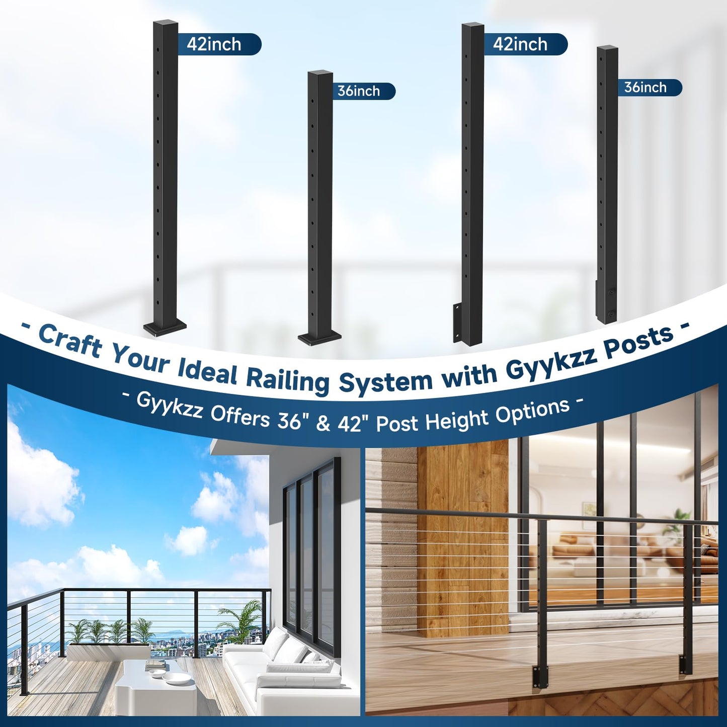 Gyykzz 6'6" Stainless Steel T304 Handrail Black with Metal End Caps, 1 Pack Rectangular Cable Railing Handrail Flat Deck Top Rail for Indoor Outdoor Deck Stair Cable Railing System