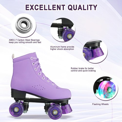Gets Roller Skates Women Outdoor High-top Adult Roller Derby Skates Wheels Light Up Roller Skates Double Row Quad Skates for Men Girls Unisex (Purple Flashing Wheel,39)