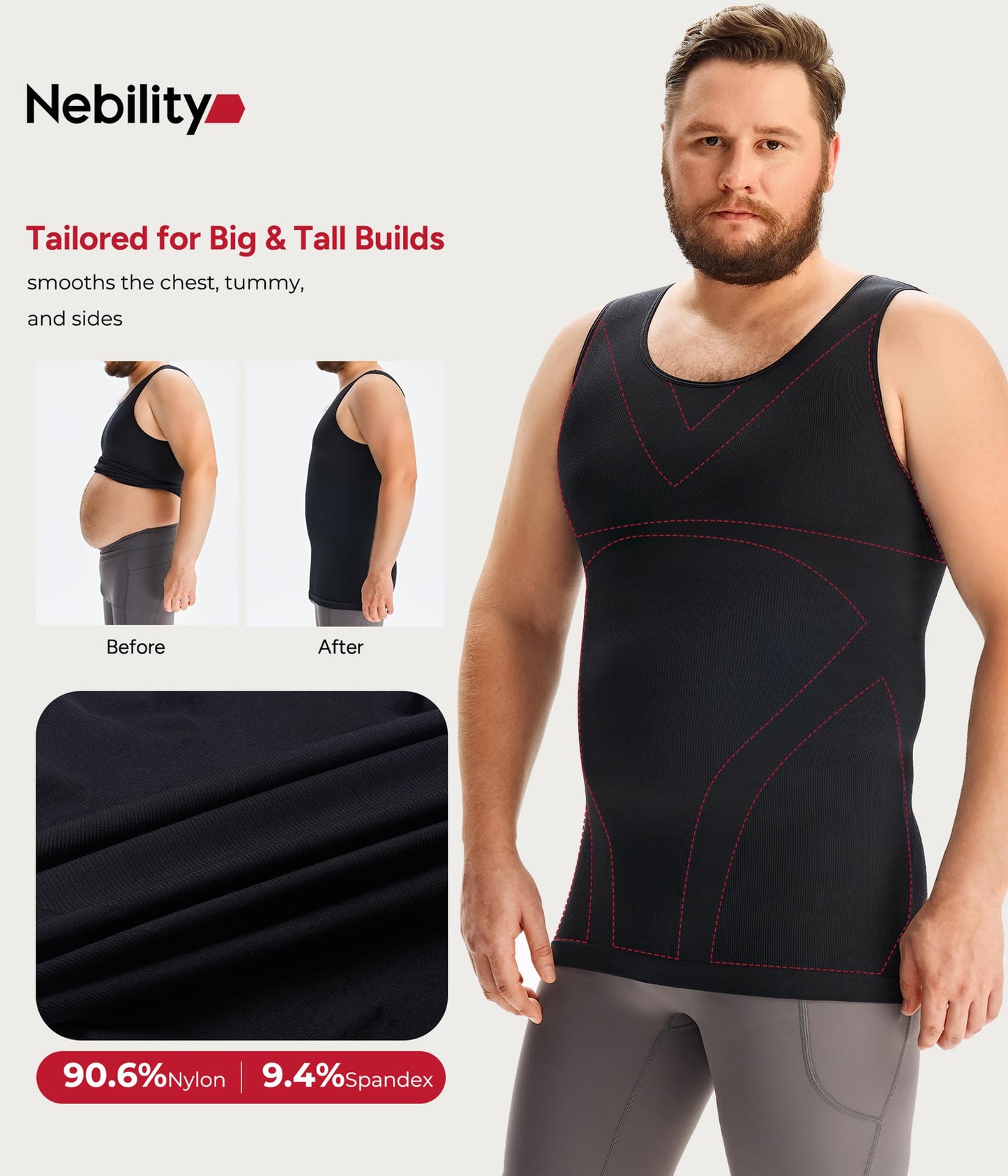 Nebility Shapewear Men Compression Shirts - Sleeveless Slimming Undershirts Tummy Control Body Shaper Tank Top Black