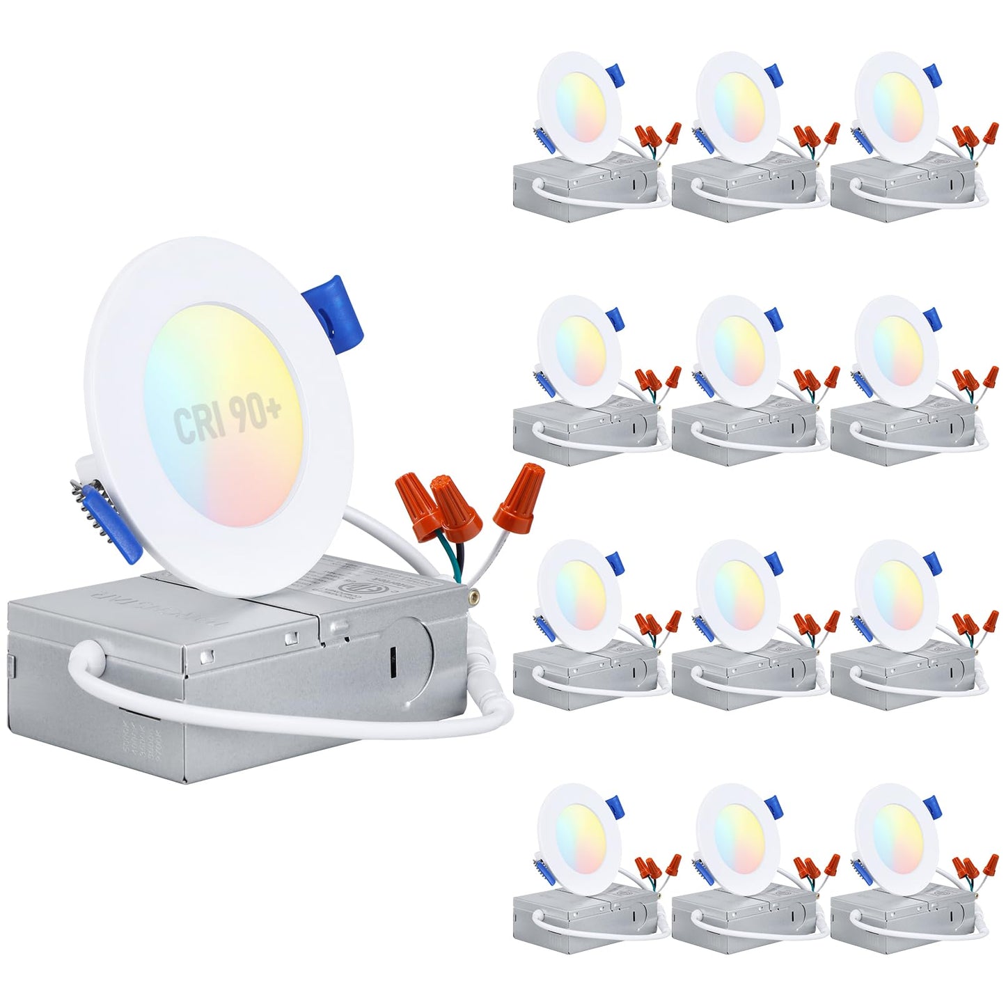 TORCHSTAR Basic Series 12-Pack 5CCT 3 Inch Ultra-Thin LED Recessed Lighting with J Box, CRI90, Aluminum, 2700K3000K3500K4000K5000K, 5%-100% Dimmable Slim Recessed Downlight, 6W 450LM, ETL & ES