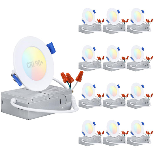 TORCHSTAR Basic Series 12-Pack 5CCT 3 Inch Ultra-Thin LED Recessed Lighting with J Box, CRI90, Aluminum, 2700K3000K3500K4000K5000K, 5%-100% Dimmable Slim Recessed Downlight, 6W 450LM, ETL & ES