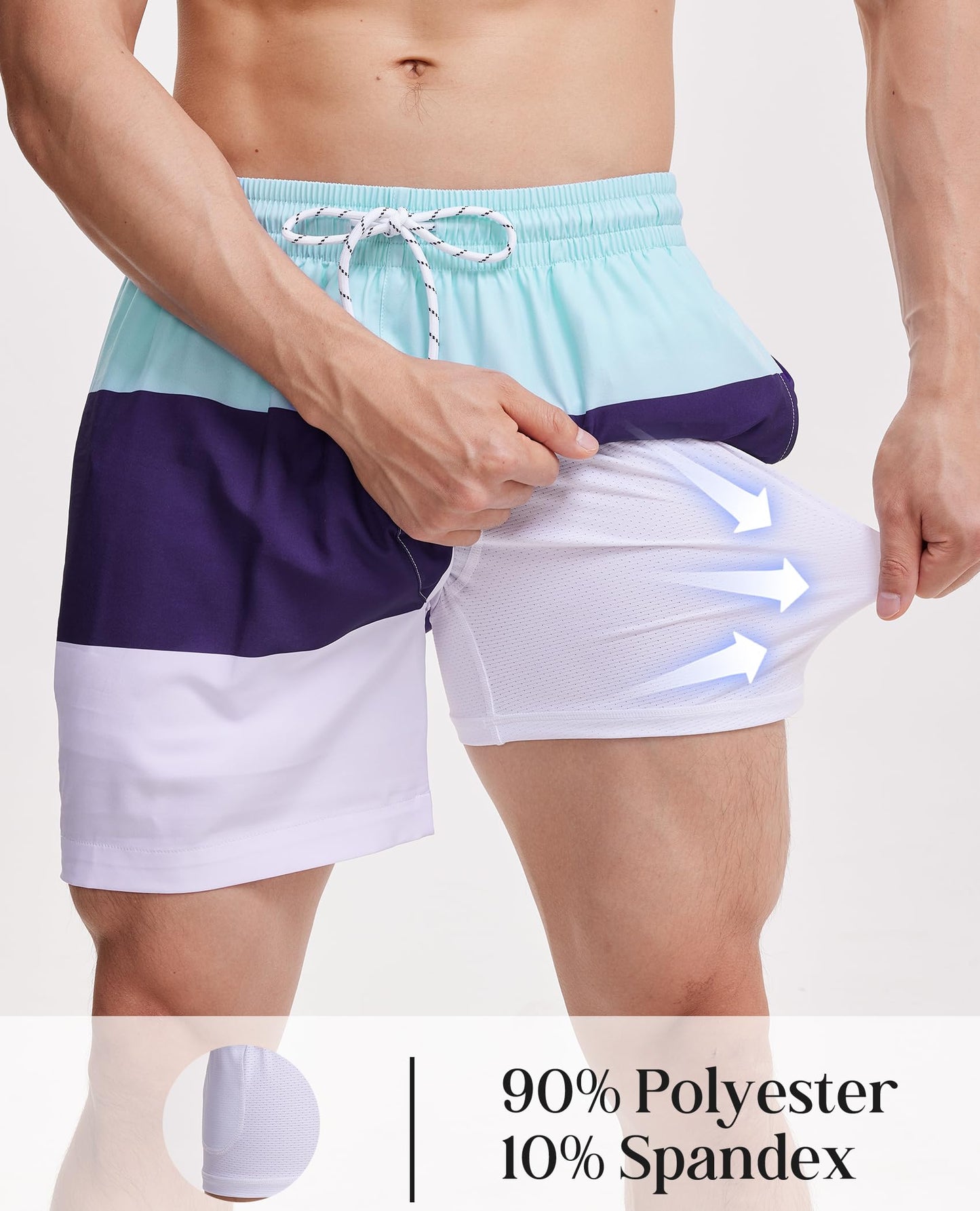 Gleeease Men's Swim Trunks with Compression Liner Mens Beach Shorts 5 inch with Pockets Drawstring 2 in 1 Quick Dry Stretch Lined Funny Beach Swimming Pool Blue Line Medium
