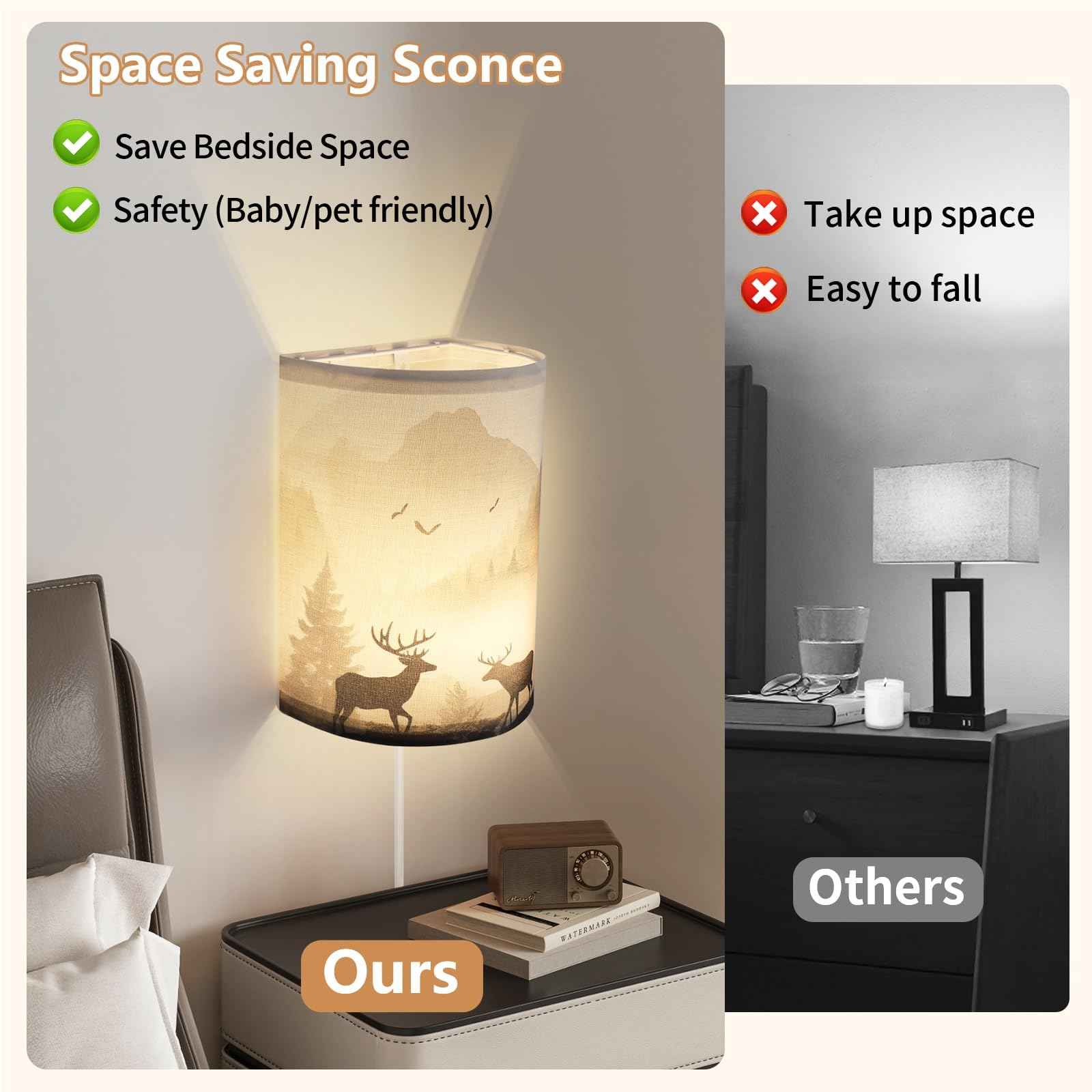 Novantl Fabric Plug in Wall Sconces, HD Printing Deer Wall Lamp, Rustic Farmhouse Corner Wall Sconce Plug in, Plug in Sconce with UL Certified Clear Cord, Wall Lamps for Living Room, Bedroom (2 Packs)