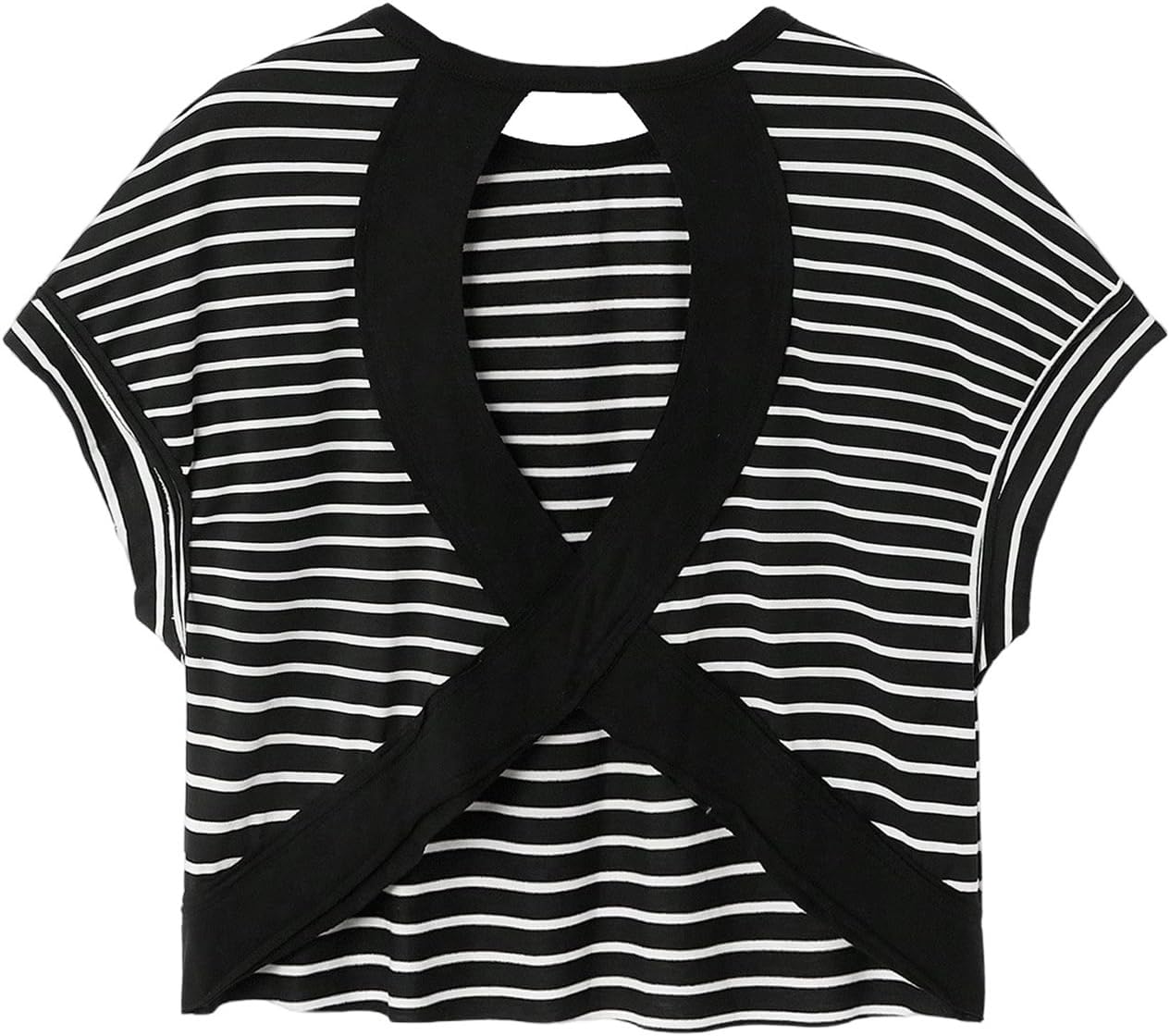 WDIRARA Women's Workout T-Shirt - Stripe Design with Open Back & Criss Cross Detail - Short Sleeve