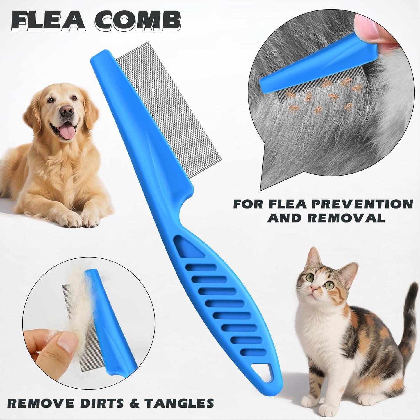 Skiennix Pet Grooming Tool Set - 3PCS Double-Sided Rake, Metal Comb & Flea Comb for Cats & Dogs | Blue