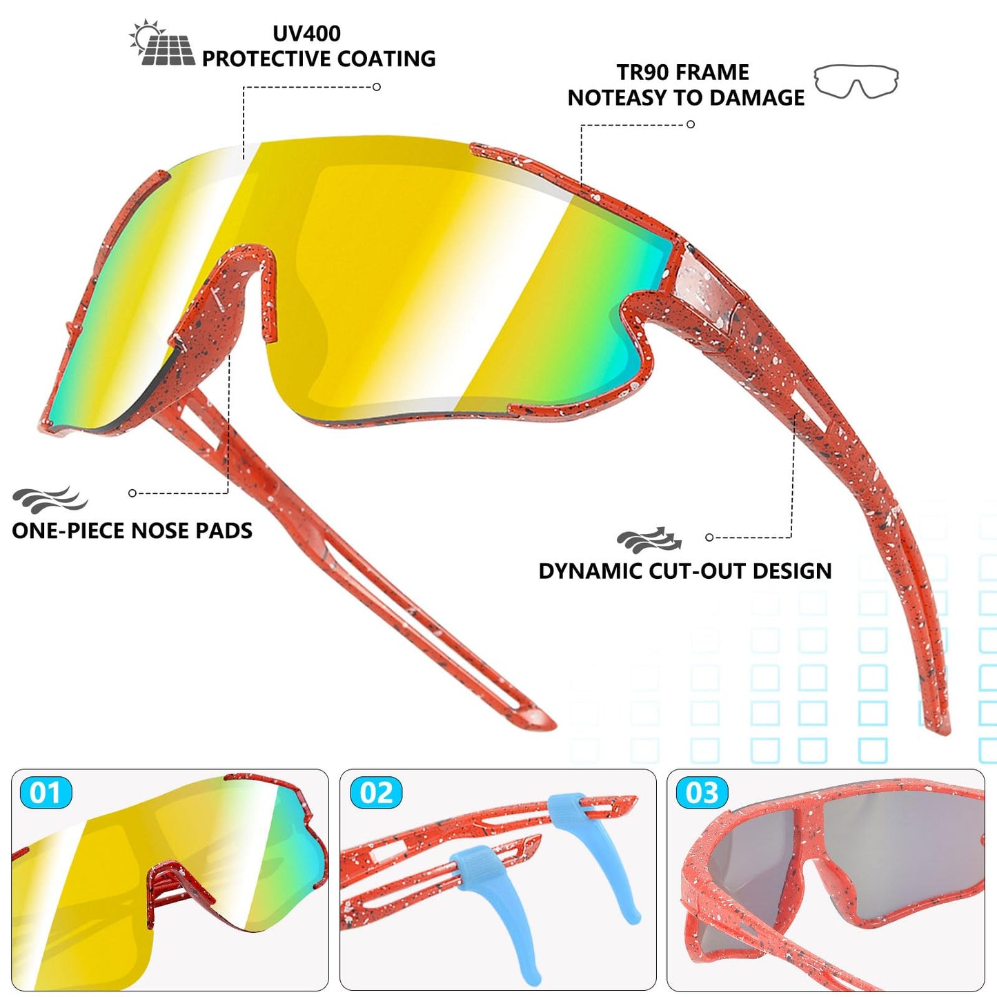 Wapreta 3PACK Kids Sunglasses Youth Baseball Sunglasses for 4-12 Boys Girls Cycling Softball Running UV400 Sports Goggles (White Frame+ Red Frame + Blue Frame)