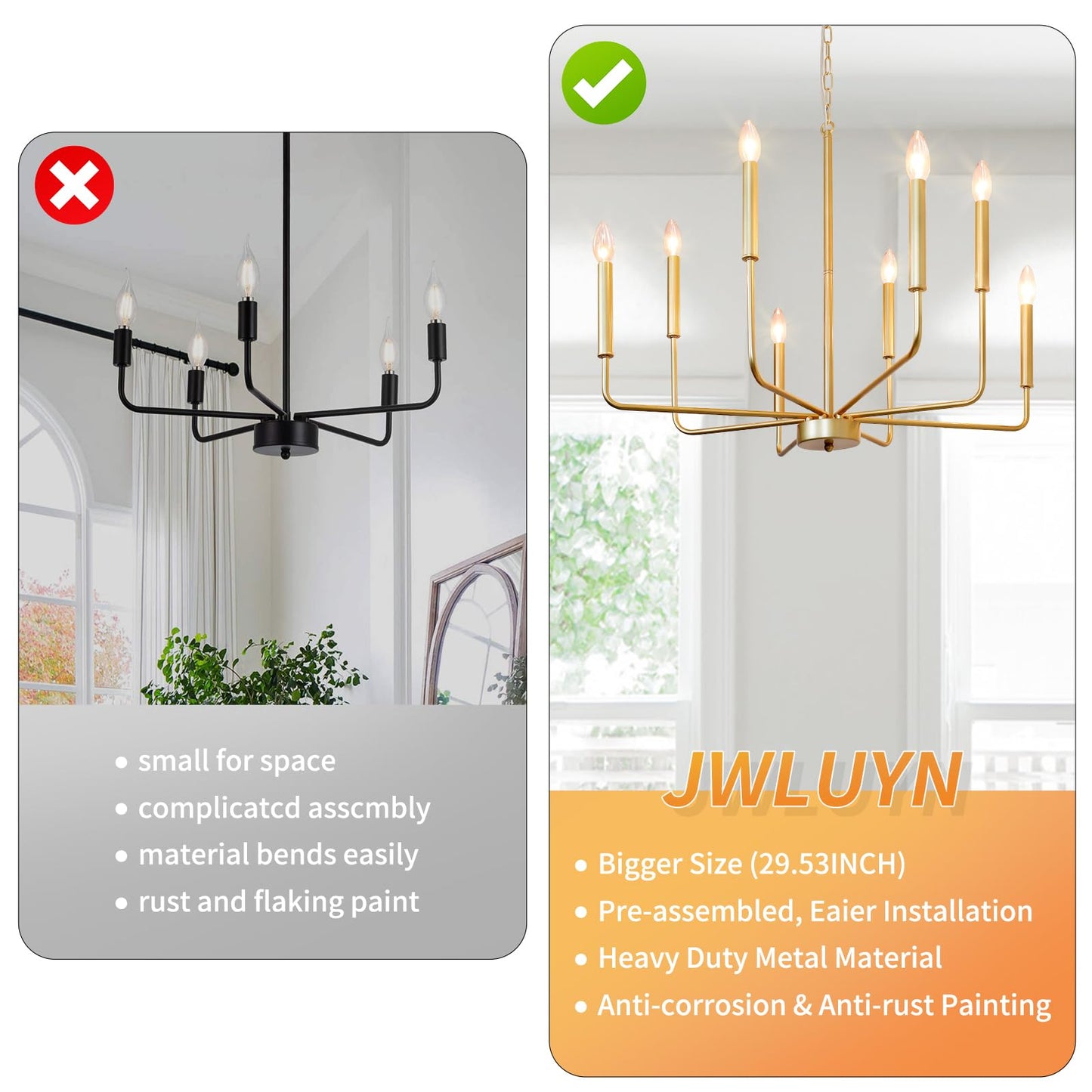 JWLUYN Gold Chandelier Light Fixture 8 Lights, Modern Farmhouse Chandeliers for Dining Room Light Fixture, Hanging Pendant Light Fixtures for Kithchen Bedroom Foyer Entryway