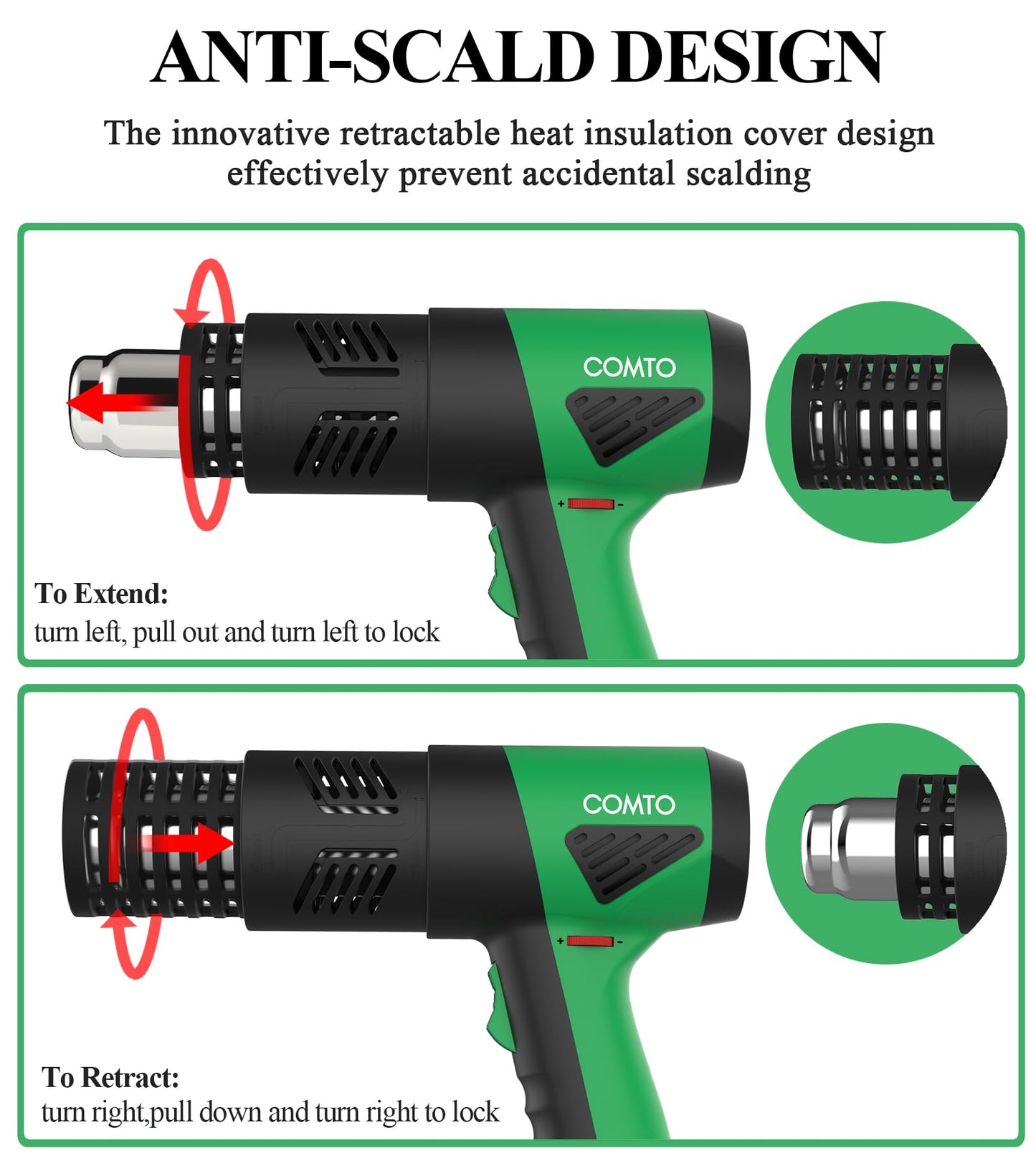 COMTO 1800W Industrial Heat Gun, Fast Heating 122℉-1202℉ Variable Temperature Control Overheat Protection 2 Speed Air Flow with 4 Nozzles for Crafts, Shrinking Tubing, Vinyl Wrap (SG-1004)