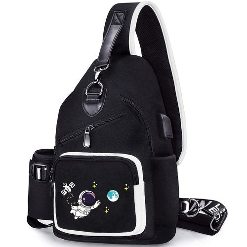 FEWOFJ Sling Bag for Boys with USB, Small Chest Pack with Side Pocket, Travel Shoulder Backpack(Astronaut)