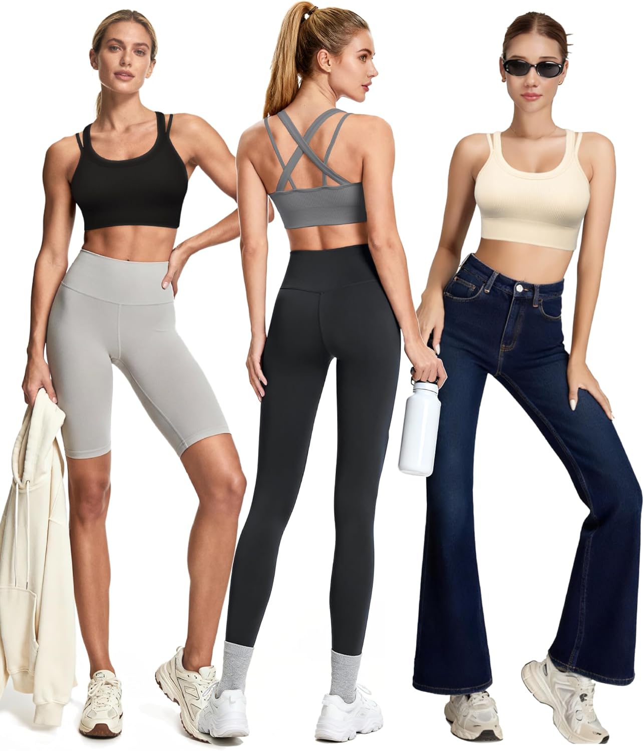 WANAYOU High Support Sports Bras for Women - Ribbed Strappy Criss Cross Back - Padded 3 Pack