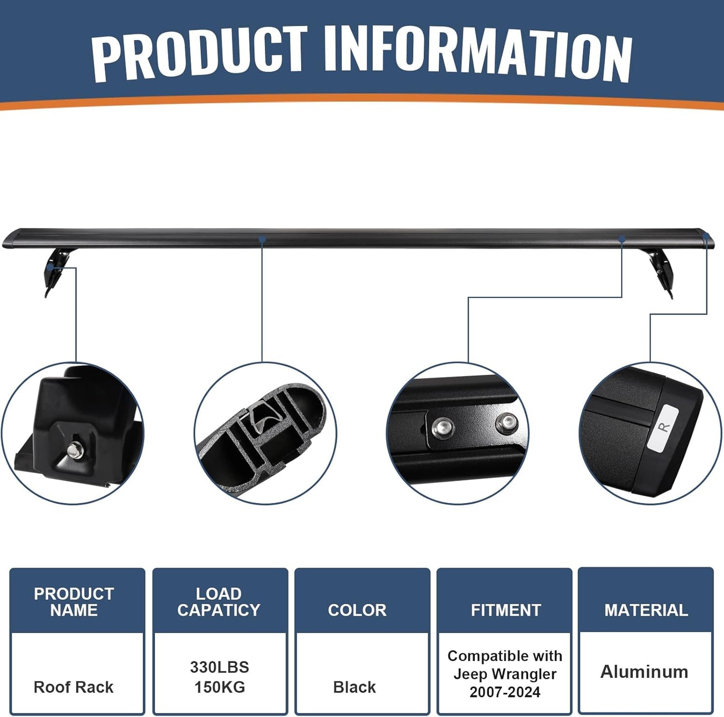 Wonderdriver Heavy Duty Roof Rack Cross Bars - 330lb Capacity for Jeep Wrangler JK JL Gladiator JT (2007-2026) | Aluminum Cargo Carrier