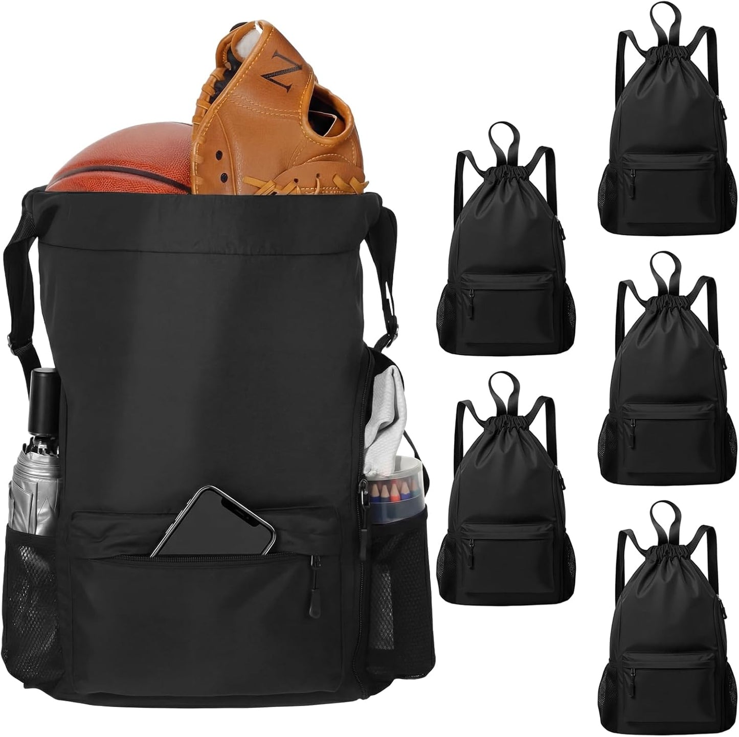 Skiennix Black Basketball Drawstring Backpack - X-Large Waterproof Gym Bag | Sports Bag with Mesh Pocket for Men & Women