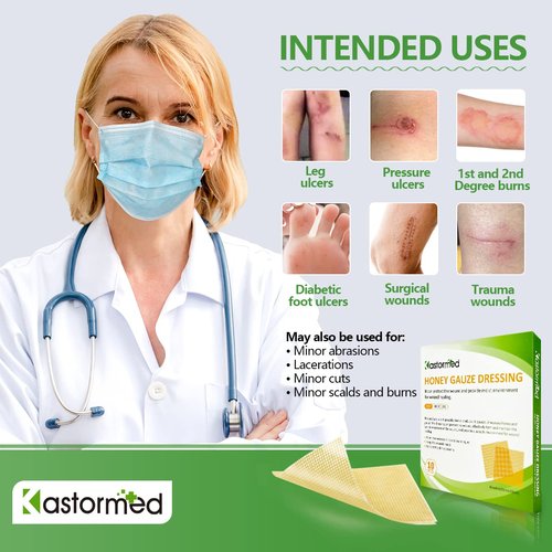 Kastormed Honey Gauze Dressing, Manuka Honey Wound Care, Medical Grade Honey Patches for Faster Wound Care, Burn Dressing, Sterile 4'' x 4'' (Pack of 10)