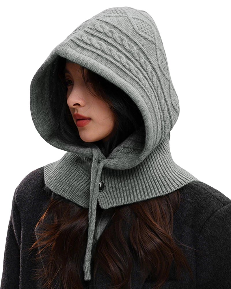 Peicees Knitted Balaclava Drawstring Hooded Scarf Hat Womens Beanie Skull Cap Winter Neck Gaiters Fashion Deep Grey