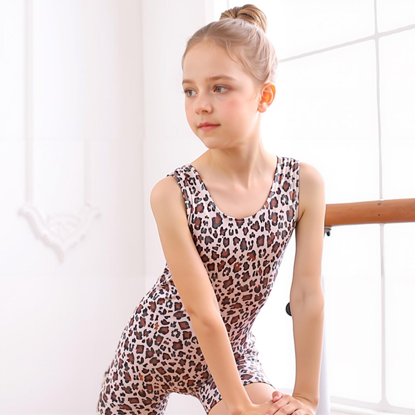 uideazone Gymnastics Leotards for Girls Quick Dry Leopard Printed Unitards Biketards Gym Outfits Kids Children Dance Unitards with Shorts Size 7 8