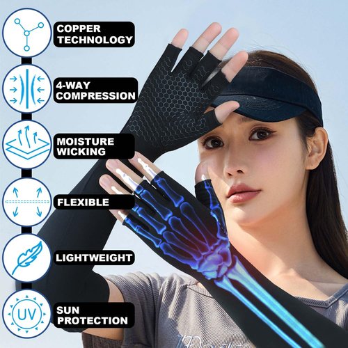 Gorbgle Long Copper Arthritis Gloves for Carpal Tunnel, Compression Gloves for Hand Pain Relief, Wrist Arm Support, Fingerless Typing Gloves for Rheumatoid, Tendonitis, Fits Women Men, 1 Pair, Medium