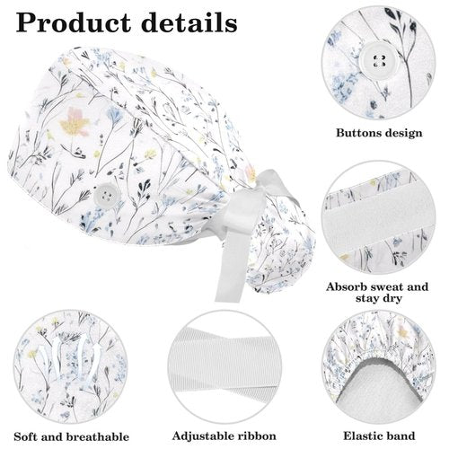 FVQL Scrub Caps Women, Adjustable Surgical Cap with Hair Scrunchy, Floral Flower Ponytail Holder Scrub Hat Blue White
