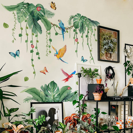2 Sheets Jungle Wall Decals Peel and Stick Removable Vine Wall Stickers & Murals for Living Room Bedroom Vinyl Jungle Nursery Decor Tropical Wallpaper Green Plants Leaves Wall Decals with Parrot Birds