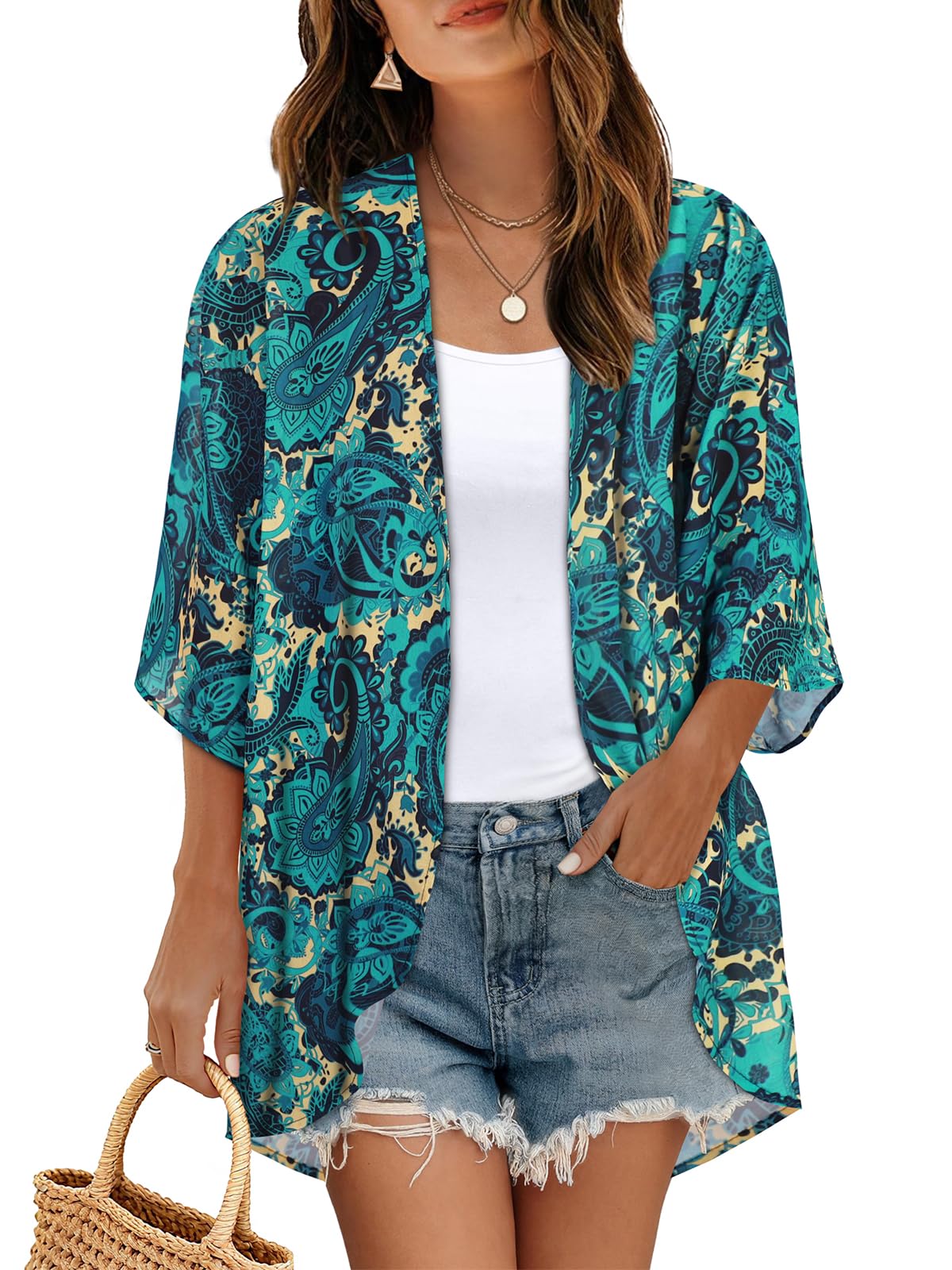 Women's Floral Kimono Print Puff Sleeve Loose Cardigan Cover Up Casual Blouse Summer Tops (Blue Yellow Floral, M)