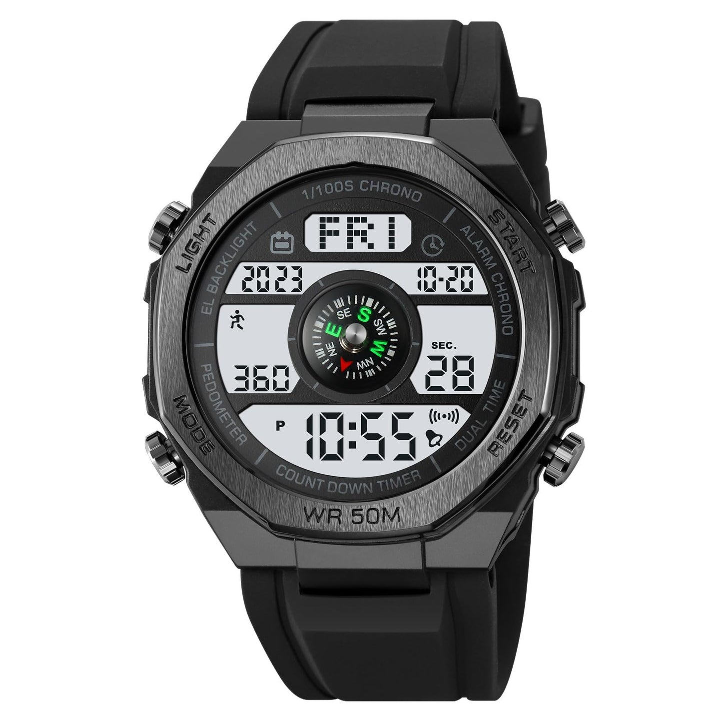 TOOCAT Multifunctional Outdoor Wristwatch (Unisex), 50m Water-Resistant Digital Watch with Step and Calorie Tracking, No Phone Connection Required, No Charging Needed (Black/White)
