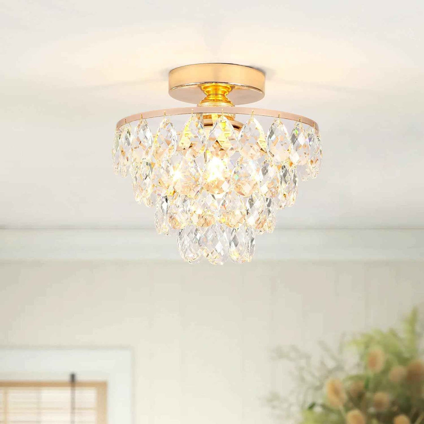 Gold Crystal Mini Chandelier - Modern Flush Mount Ceiling Light for Hallway & Bedroom