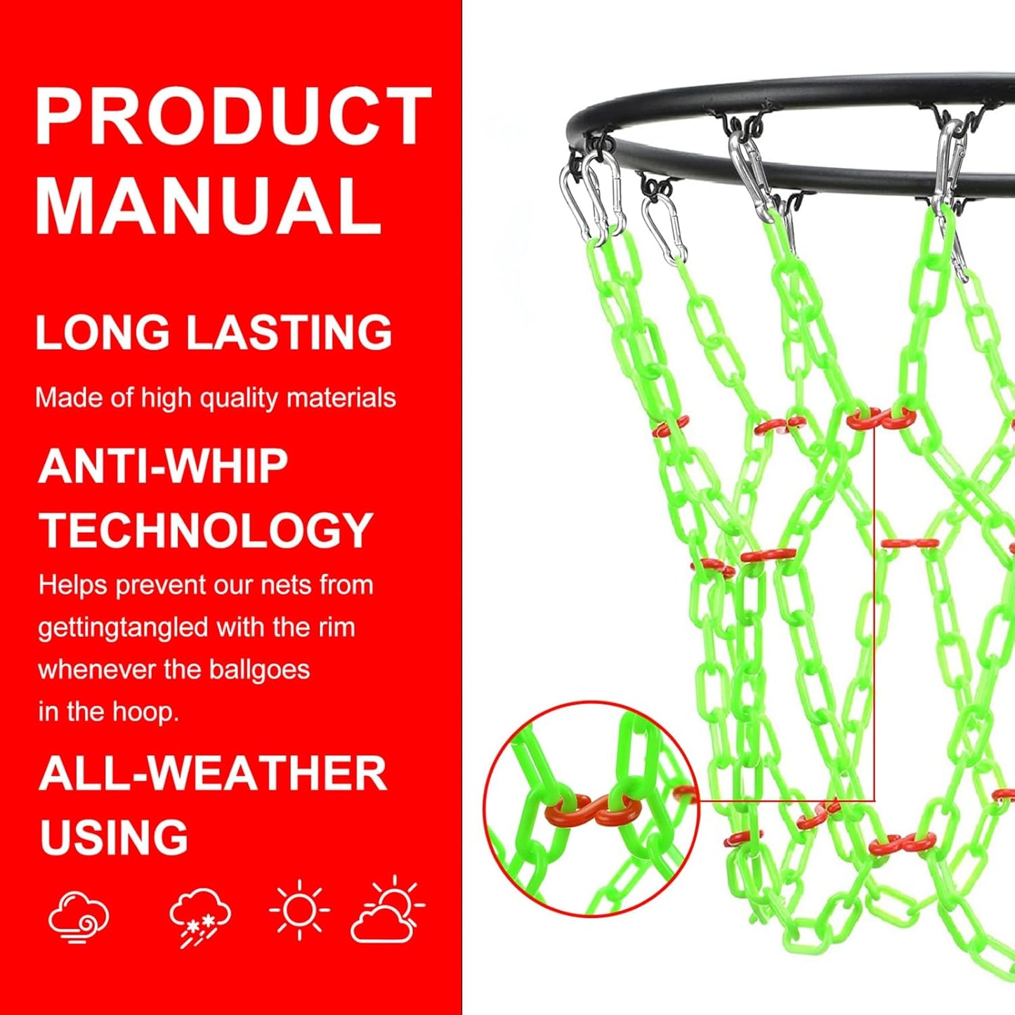 Skiennix Heavy-Duty Basketball Net Replacement - Anti-Rust Resin for Indoor/Outdoor Use | Standard 12-Ring